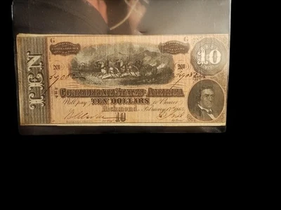 1864 $10 Confederate  Civil War Banknote Richmond Currency - Image 1 of 2