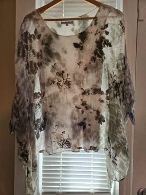 Tempo Paris Seda Bordado Viscosa Poncho Pullover Blusa Drapeada S/M Oliva Foto 1 de 4