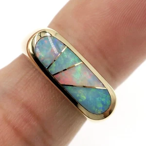 Wonderful 14k Solid Yellow Gold Natural Inlayed Opal Band Ring Size 6 - Picture 1 of 6