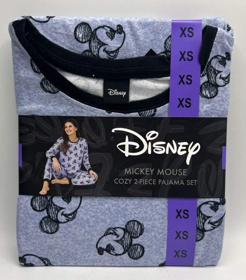 Women's Size XS Disney 2-Piece Cozy Pajama Set Mickey Mouse Blue Long Sleeve
