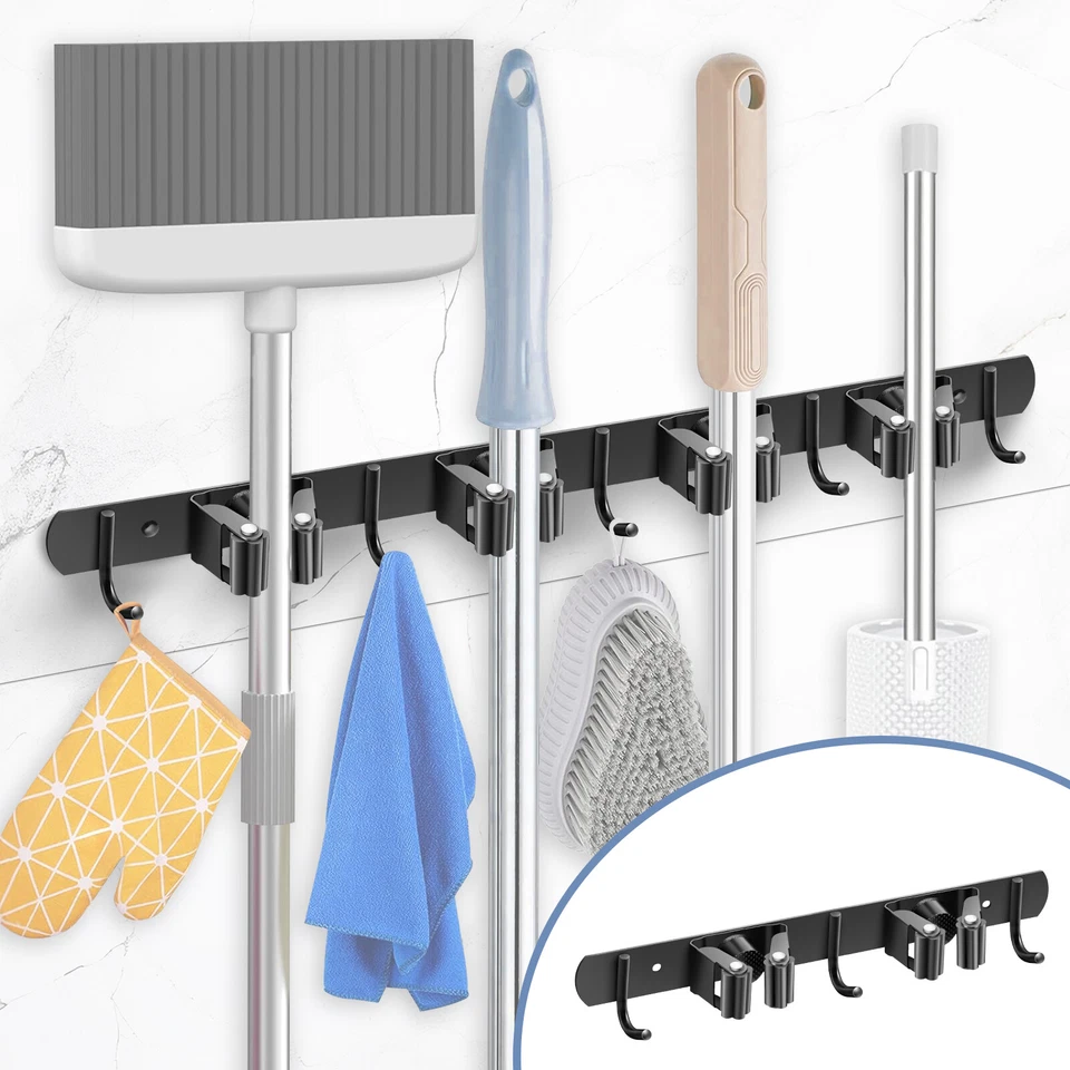 Broom Hanger Mop Holder Wall Mount Heavy Duty Garden Kitchen Tool Organizer Rack - Image 1 of 4