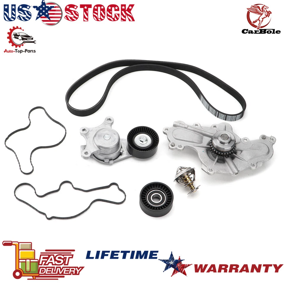 Water Pump+Tensioner+Thermostat+Belt Kit for Lincoln Continental 3.7L 2017-2020 - Image 1 of 4