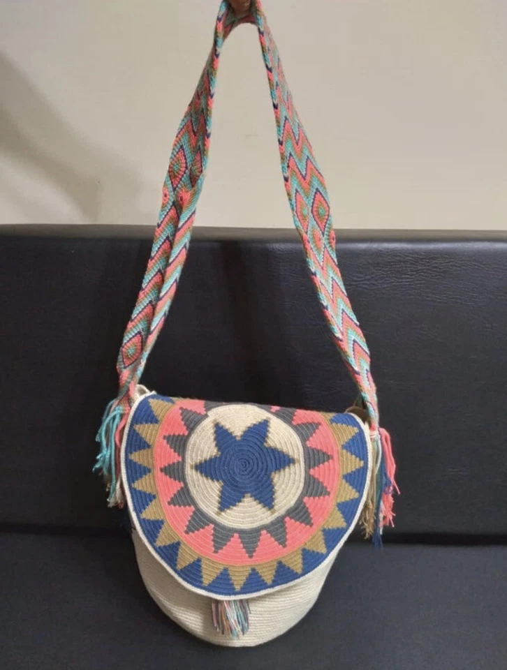 BLUE SALMON PINK Boho Wayuu handmade mochila hobo crossbody bag STARBURST multi - Image 1 of 4