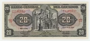Ecuador 20 Sucres 29-4-1986 Pick 121Aa UNC Uncirculated Banknote Serie LO Sign 6 - Picture 1 of 2