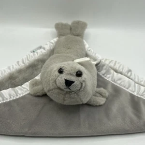 My Banky KAITLYN Gray Seal Lovey Plush Security Blanket Silver Satin Edge Trim - Picture 1 of 17