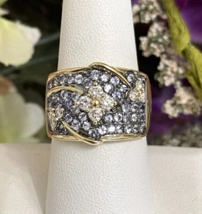 14K Yellow Gold Carlo Viani Diamond Tanzanite Pave Ring Wide Band Cocktail Ring - Picture 1 of 13