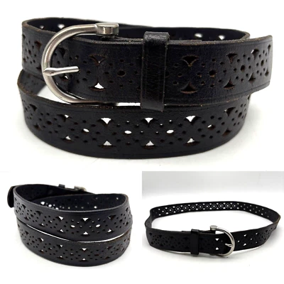 Vintage 00s Y2K Black Split Leather Geometric Laser Cut-out Belt Size L 36-38" - Image 1 of 4