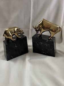 Vintage Gatco Solid Brass Bull Bear Black Marble Bookends Display
