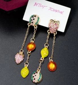 Betsey Johnson Crystal Strawberry Fruit Gold Drop Dangle Earrings Free Gift Bag - Picture 1 of 8