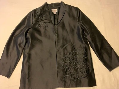 Blazer Victor Costa Ocasión Negro Talla Grande Abierto 100% Seda Bordado Cuentas Foto 1 de 4