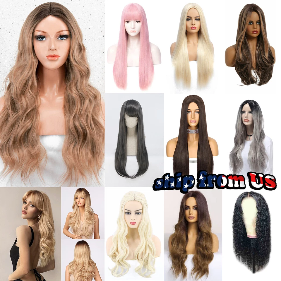 Full Wig Long Curly Straight Synthetic Hair Blonde Wigs Ombre Cosplay Party - Image 1 of 1