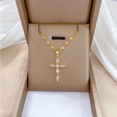 Fashion Womens Necklace Cross Pendant 18K Gold Silver Plated Stainless Steel New - Image 1 of 4