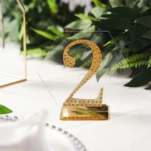 5 CLEAR GOLD 5" Hexagon ACRYLIC STANDS TABLE NUMBERS Holders Party Decorations - Picture 1 of 8