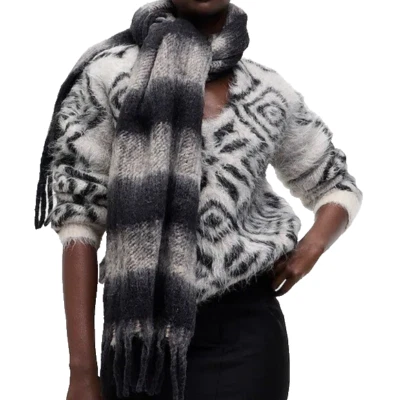 J Crew 围巾条纹黑色灰色条纹柔软女式冬季配件 — 第 1/4 张图片