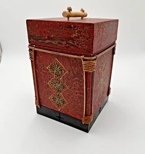 Vintage Bamboo Thai Rice Box Decorative Lidded Hand Painted Handmade Black Red - Picture 1 of 12