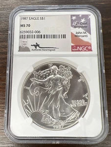 NGC MS70 1987 American Silver Eagle John M. Mercanti Signed Flag Label - Picture 1 of 5
