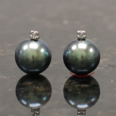 14k White Gold Diamond & Black Pearl Stud Earrings - Image 1 of 4