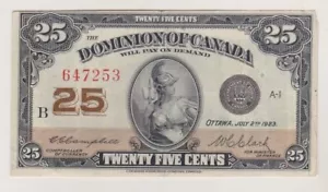 1923 Dominion Of Canada 25 Cent Note Campbell & Clark VF - Foto 1 di 2