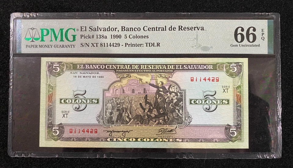 EI Salvador Banco Central de Reserva 5 Colones 1990 Pick#138a PMG 66 EPQ Gem UNC - Image 1 of 2