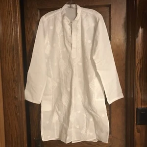 genuine Lucknow Chikan hand embroidered Long kurta shirt cotton collar mens 36 - Picture 1 of 14