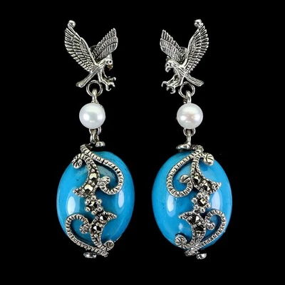 Pendientes de plata de ley 925 ovalados turquesa estabilizados 20x16 mm perlas piedras preciosas Foto 1 de 4