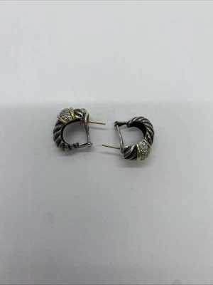 David Yurman Sterling Silver 18kt Yellow Gold Diamond Cable Shrimp Earrings - Image 1 of 4