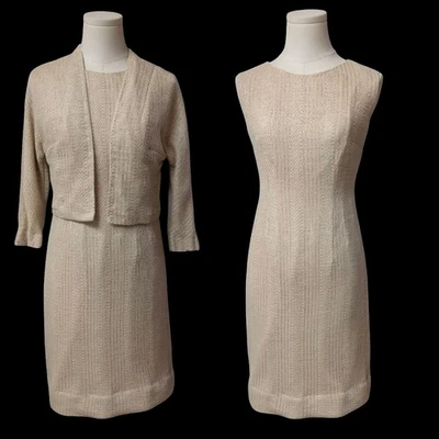 Vintage 60's Knit Pencil Dress With Cropped Jacket XS 2 Piece Set Oatmeal  - Image 1 of 4