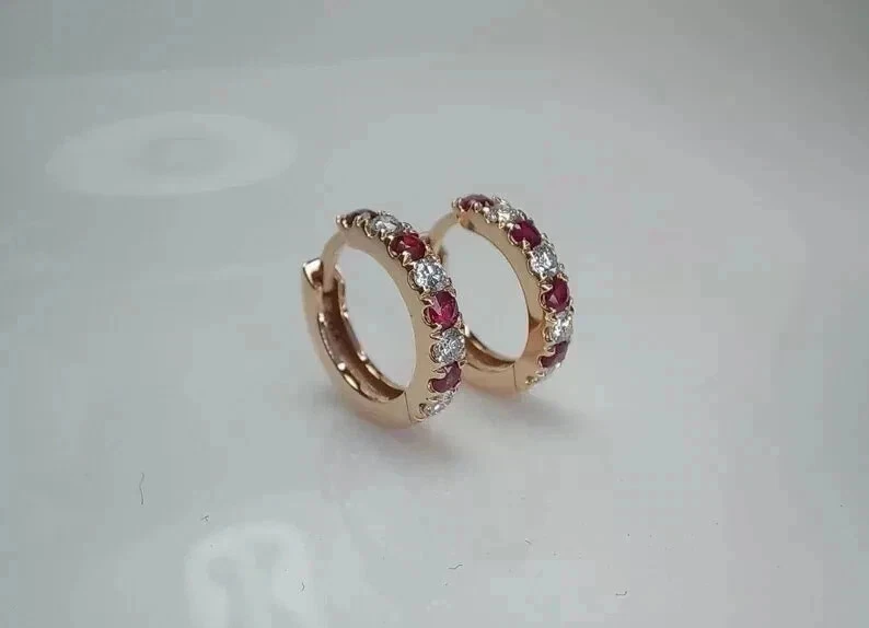 2Ct Round Cut Lab Created Red Ruby Huggie Hoop Earrings 14K Yellow Gold Plated - Image 1 of 2