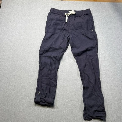 Roxy Talla Pequeña Azul Lino ☼Pantalones Playa Cordón, Puño Pierna Recta Con Botón Foto 1 de 4