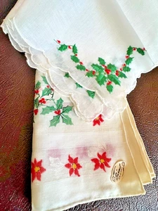 Vintage Burmel Handkerchiefs Christmas Holly Poinsettia Floral Lot of 2 Hankies - Picture 1 of 9