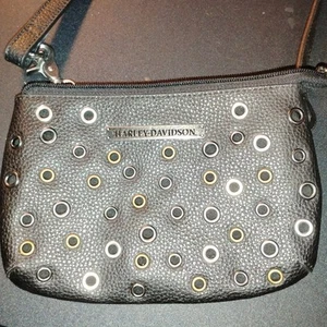 Harley-Davidson Black Leather Crossbody Clutch Purse Bag Silver & Gold Grommets - Picture 1 of 8