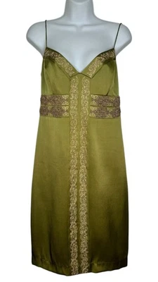 Vintage Nicole Miller Collection Satin Slip Dress Green Beaded Embroidery Silk 6 - Image 1 of 4