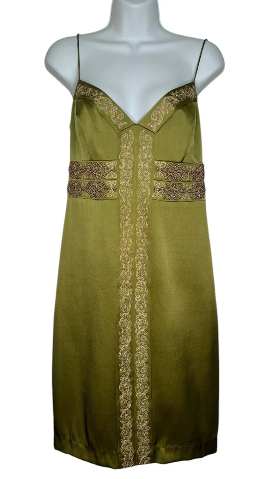 复古 Nicole Miller 系列缎面懒人连衣裙绿色串珠刺绣丝绸 6 — 第 1/4 张图片
