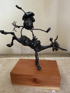 Seltene 1984 Original FLOH Metall Skulptur Bull Dogging Steer Wrestling Greg Quayle - Bild 1 von 9