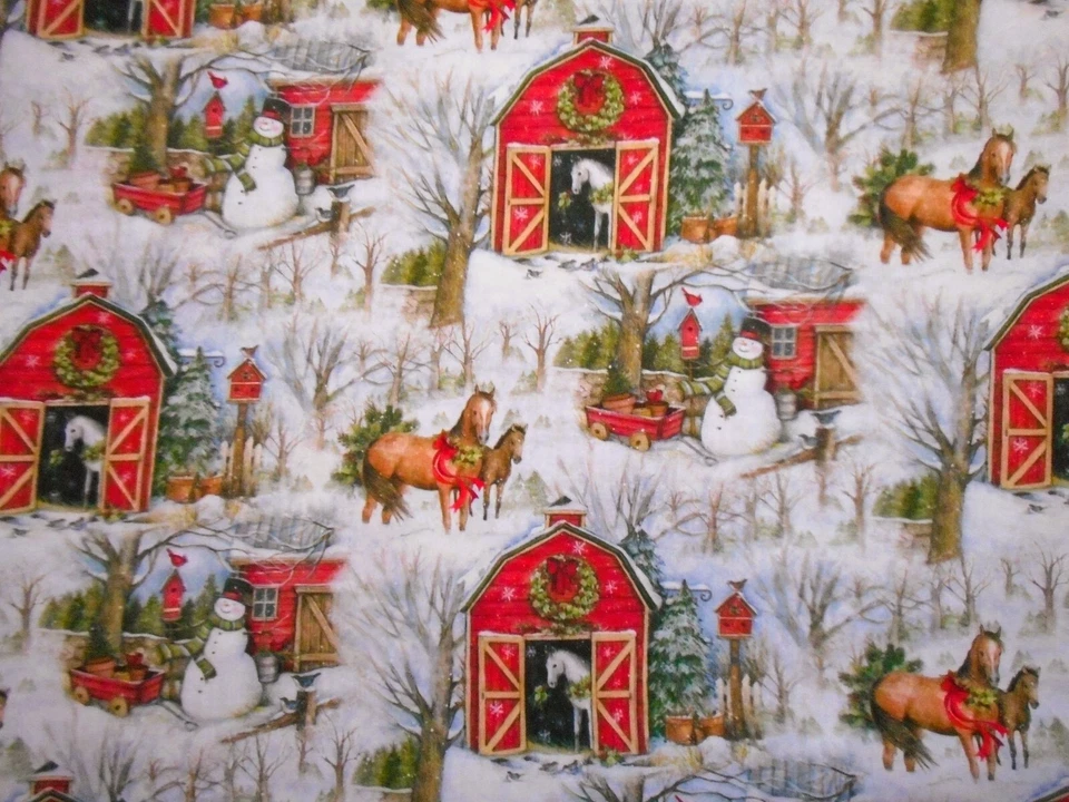 Tela Susan Winget por yarda Navidad caballos graneros en muñeco de nieve algodón escénico #27 Foto 1 de 1