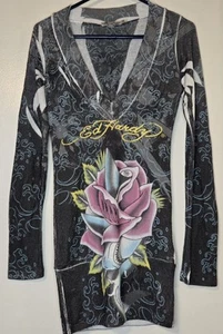 Vintage Y2K Ed Hardy Womens Sweater Gray Pullover Floral Dress Shark Rose XS AOP - Picture 1 of 21