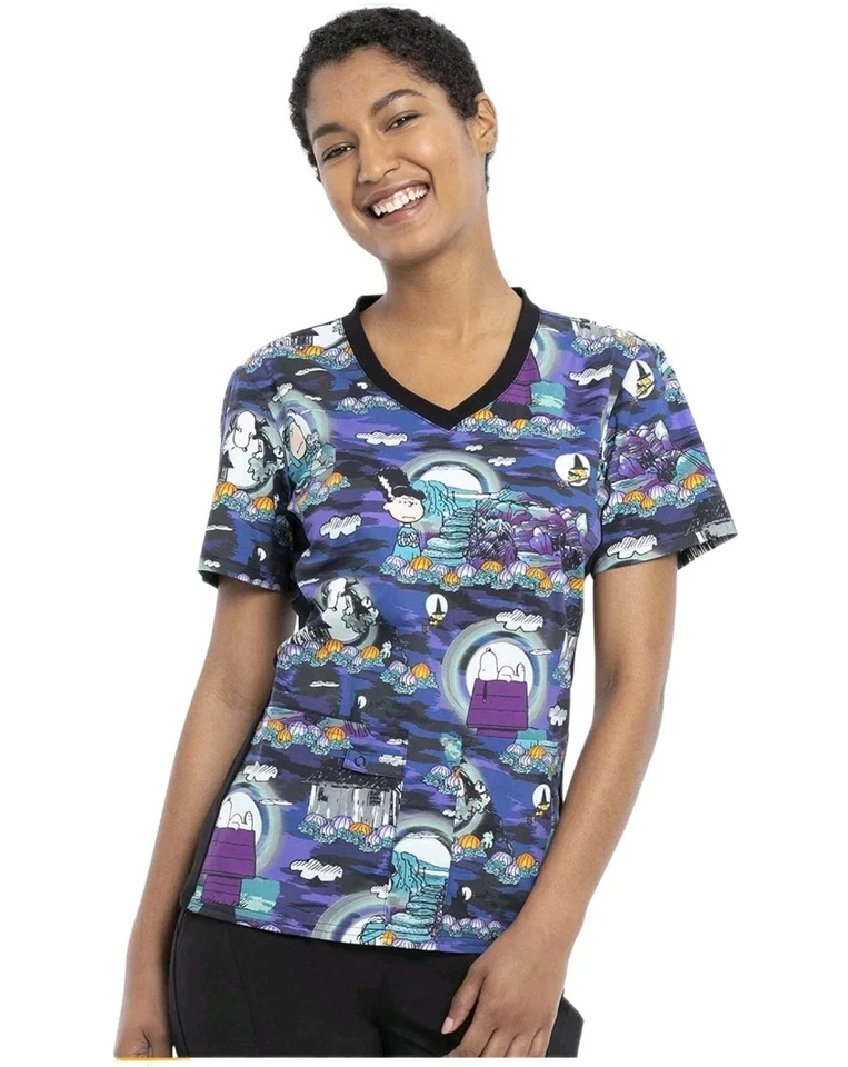 Tooniforms Women Scrubs Top V Neck Knit Panel TF636 Peanuts Midnight Pumpkin XXS - Image 1 of 4
