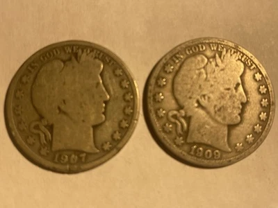 1907 и 1909 ЛОТ ИЗ 2 СЕРЕБРЯНЫХ ПОЛУДОЛЛАРОВ BARBER НОМИНАЛЬНАЯ СТОИМОСТЬ $1 БЫВШИЕ В ОБРАЩЕНИИ МОНЕТЫ - Изображение 1 из 2