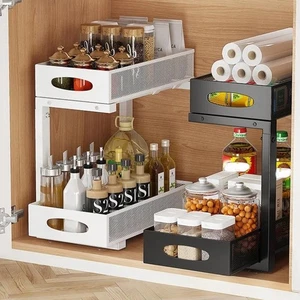 2 Tier Kitchen Cabinet Pull Out Slide Drawer Organizer Tray Rack Shelves Pantry - Picture 1 of 12