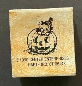 Mini Halloween Carved Pumpkin Adorable Kitty Cat Peek Inside Wood Rubber Stamp - Picture 1 of 3