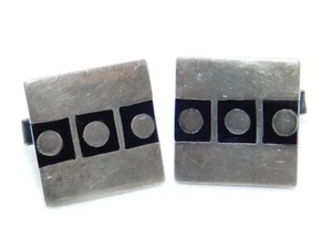 Modernist Signed Perlita JCS Mexico 925 Sterling Silver & Black Square Cufflinks - Picture 1 of 7