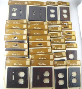 33 1980s GE Faux Wood Grain 2-Gang 1-Gang Toggle Switch Duplex Outlet Plates Vtg - Picture 1 of 4