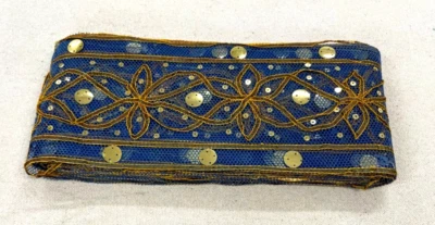 Borde de sari azul vintage 8+ yardas bordado a mano adorno artesanal encaje costura lentejuelas Foto 1 de 4