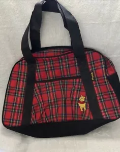 Disney Winnie The Pooh Bag Embroidered Red Black Plaid Duffle Tote Luggage - Picture 1 of 6