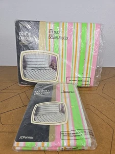 Lenzuolo con angoli vintage anni 70 JC Penney senza ferro percalle federe letto matrimoniale a righe - Foto 1 di 17