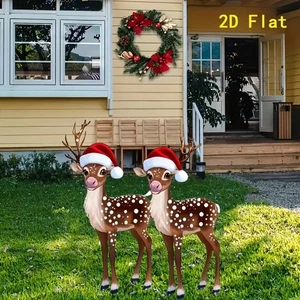 2D Fest Urlaub Weihnachten Baby Hirsch in Nikolaus Hüte Garten Outdoor Pfahl - Bild 1 von 2