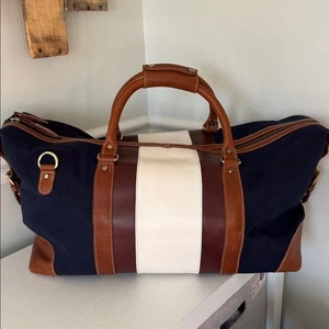 F. H. Wadsworth Navy Canvas Striped Brown Leather Duffel Travel Carryon Bag NEW - Picture 1 of 11