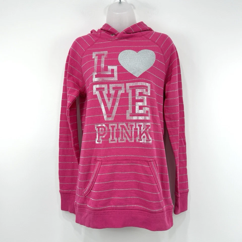 Sudadera con Capucha Victorias Secret Rosa Para Mujer S Rosa Rayas De Colección Y2K Gráfico Amor Metálico Foto 1 de 4