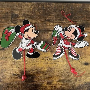 Vintage Disney Holz Zugschnur Mickey Mouse & Minnie Weihnachtsschmuck Set 5" - Bild 1 von 2