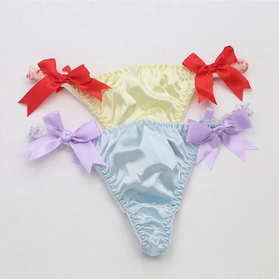 Japanese Sweet Girls Lady Bow Panty Thongs Bow Faux Satin Cute Low Waist Sexy - Image 1 of 4